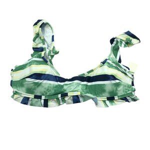 Aerie Womens Ruffle Trim Striped Bikini Top Green Navy Blue Size M